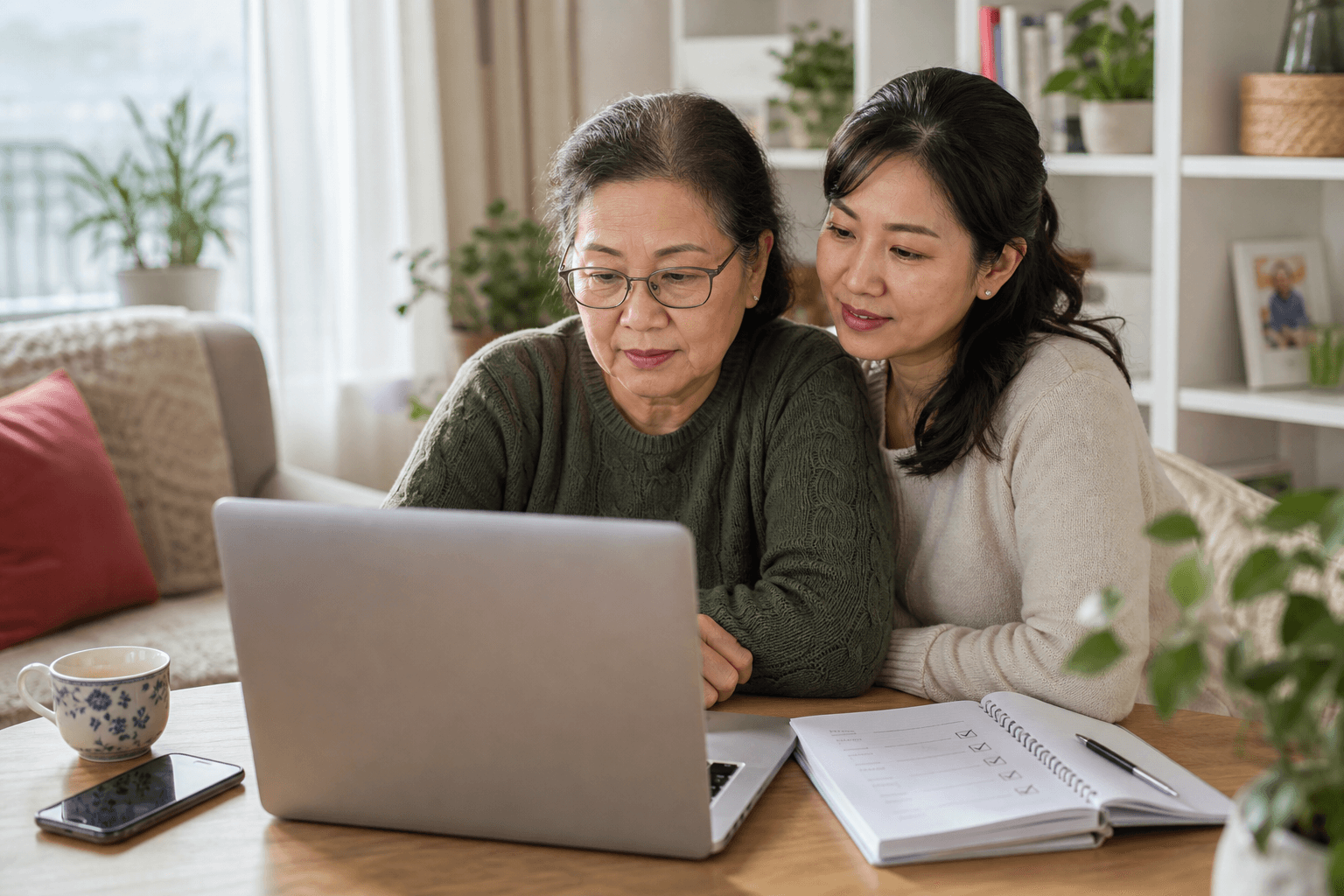 Người Việt lớn tuổi cùng người thân kiểm tra nguồn chính thức trên máy tính